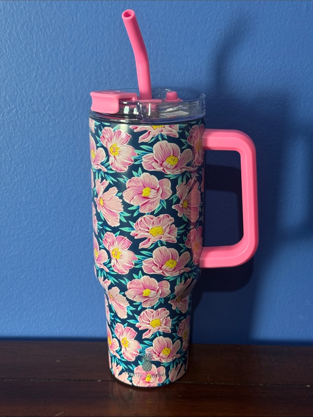 Simply Southern Navy Floral Tumbler with Pink Handle and Straw